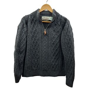 Aran Sweater Market Sweater Mens Med Gray 1/4 Zip Mock Neck Merino Wool Ireland
